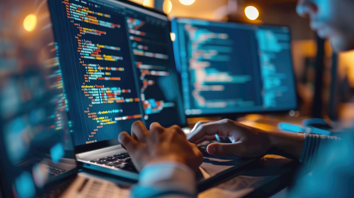 Developer working with AI-driven code on multiple screens